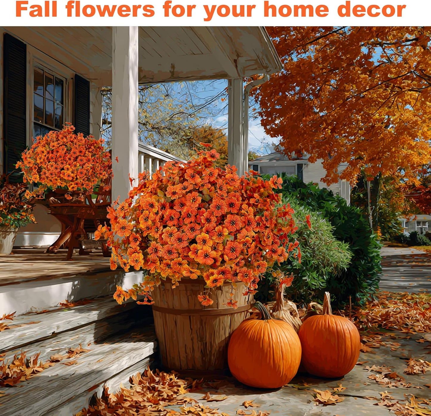Artificial Fall Flowers Outdoor Fake Mums - 16 Bundles Fake Plants UV Resistant No Fade Faux Plastic Greenery Garden Porch Patio Fall Home Decor (Orangegreen)