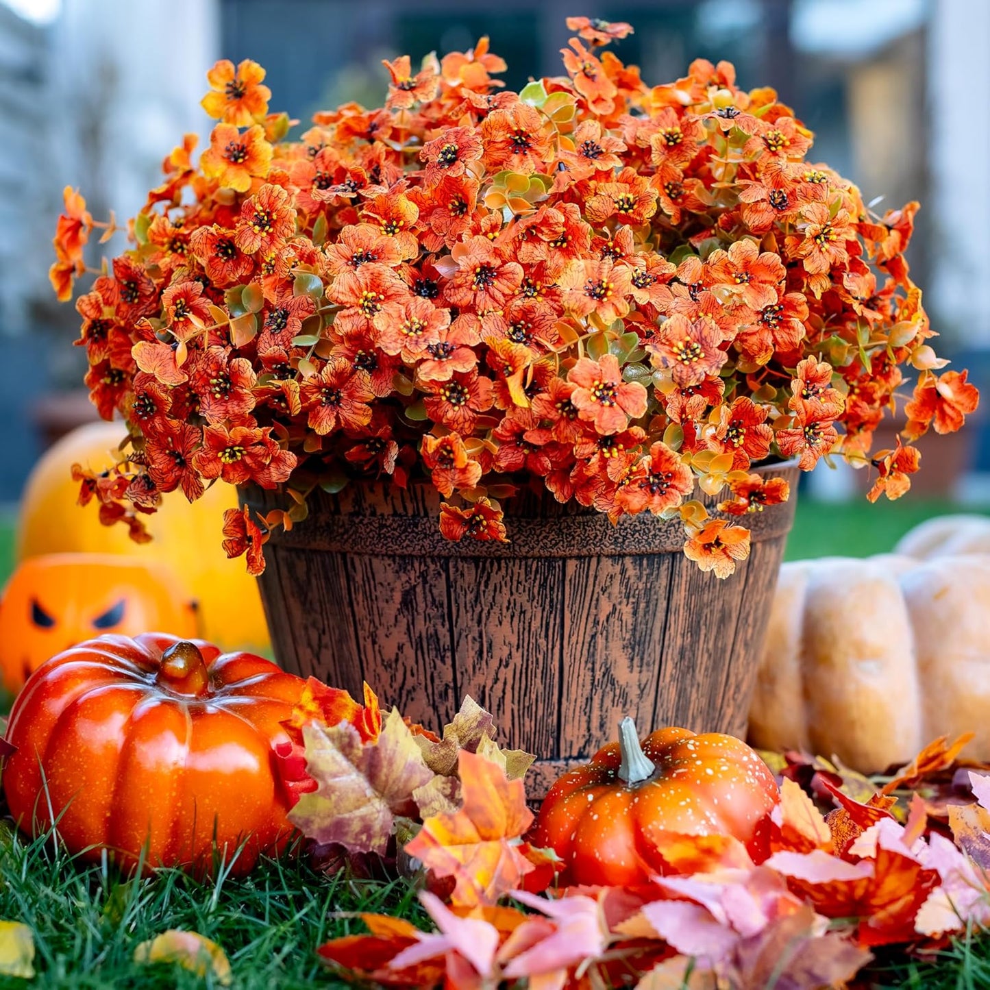 Artificial Fall Flowers Outdoor Fake Mums - 16 Bundles Fake Plants UV Resistant No Fade Faux Plastic Greenery Garden Porch Patio Fall Home Decor (Orangegreen)