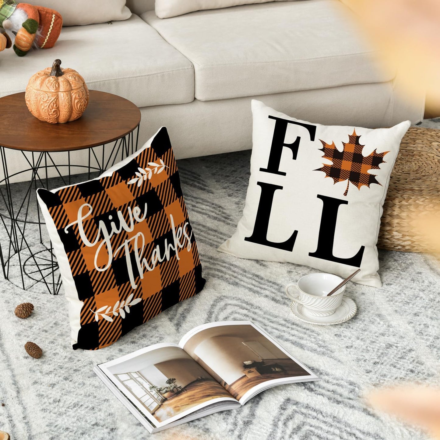 Home Fall Buffalo Check Plaid Pumpkin Maple Leaf Throw Pillow Cover, 18 X 18 Inch Autumn Give Thanks Gather Farmhouse Cushion Case for Sofa Couch Set of 4