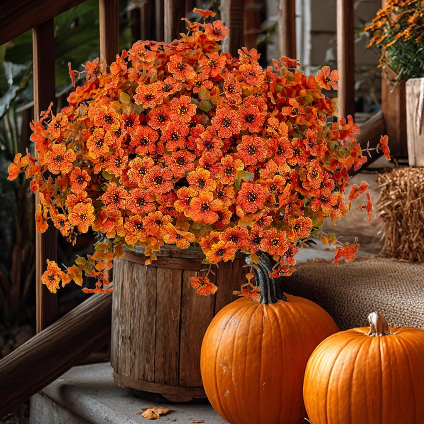 Artificial Fall Flowers Outdoor Fake Mums - 16 Bundles Fake Plants UV Resistant No Fade Faux Plastic Greenery Garden Porch Patio Fall Home Decor (Orangegreen)