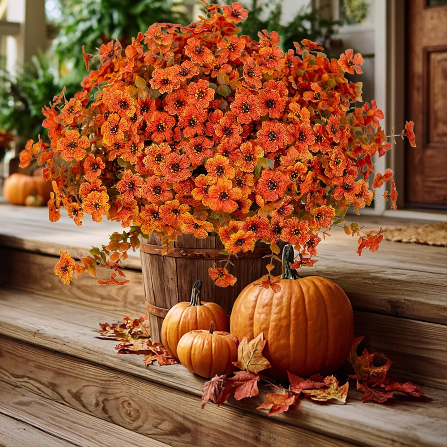 Artificial Fall Flowers Outdoor Fake Mums - 16 Bundles Fake Plants UV Resistant No Fade Faux Plastic Greenery Garden Porch Patio Fall Home Decor (Orangegreen)