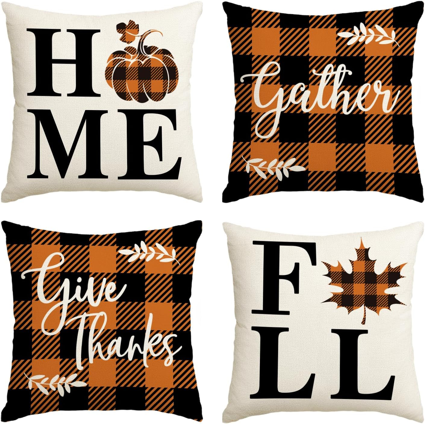 Home Fall Buffalo Check Plaid Pumpkin Maple Leaf Throw Pillow Cover, 18 X 18 Inch Autumn Give Thanks Gather Farmhouse Cushion Case for Sofa Couch Set of 4