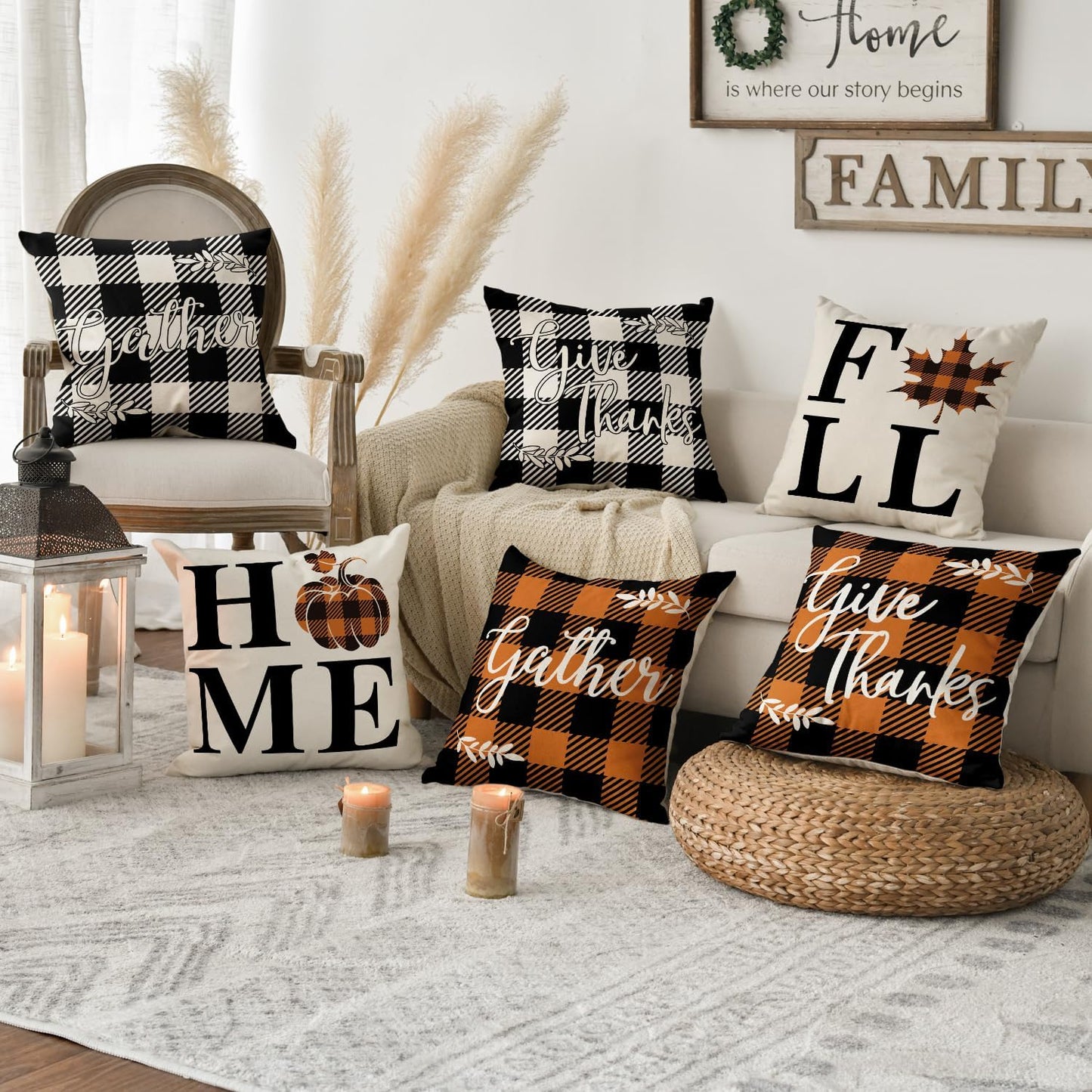 Home Fall Buffalo Check Plaid Pumpkin Maple Leaf Throw Pillow Cover, 18 X 18 Inch Autumn Give Thanks Gather Farmhouse Cushion Case for Sofa Couch Set of 4