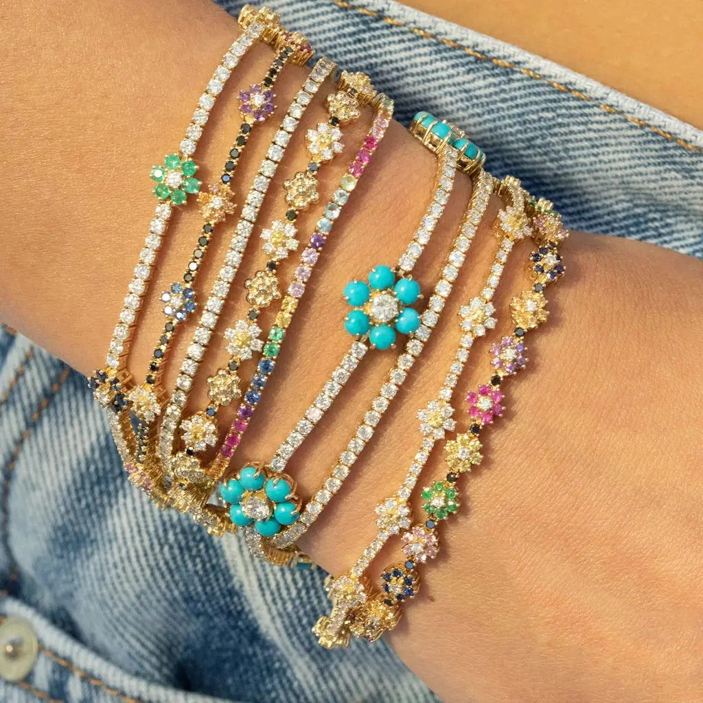New Arrived Fashion Party Jewelry 3Mm Prong Set CZ Tennis Chain Rainbow Daisy Flower Charm Colorful Rainbow Bracelet