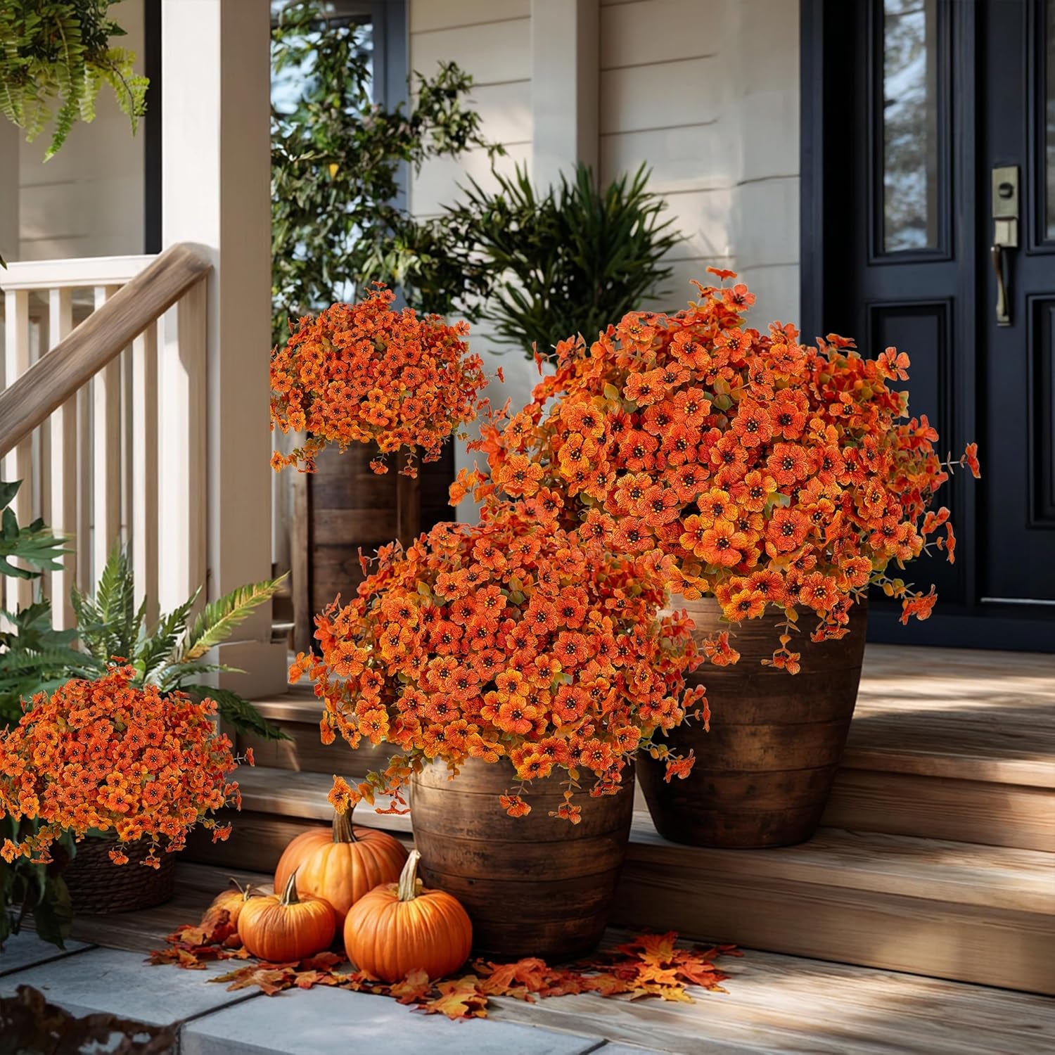 Artificial Fall Flowers Outdoor Fake Mums - 16 Bundles Fake Plants UV Resistant No Fade Faux Plastic Greenery Garden Porch Patio Fall Home Decor (Orangegreen)
