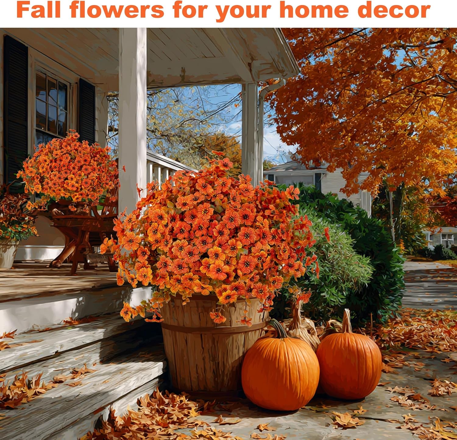 Artificial Fall Flowers Outdoor Fake Mums - 16 Bundles Fake Plants UV Resistant No Fade Faux Plastic Greenery Garden Porch Patio Fall Home Decor (Orangegreen)