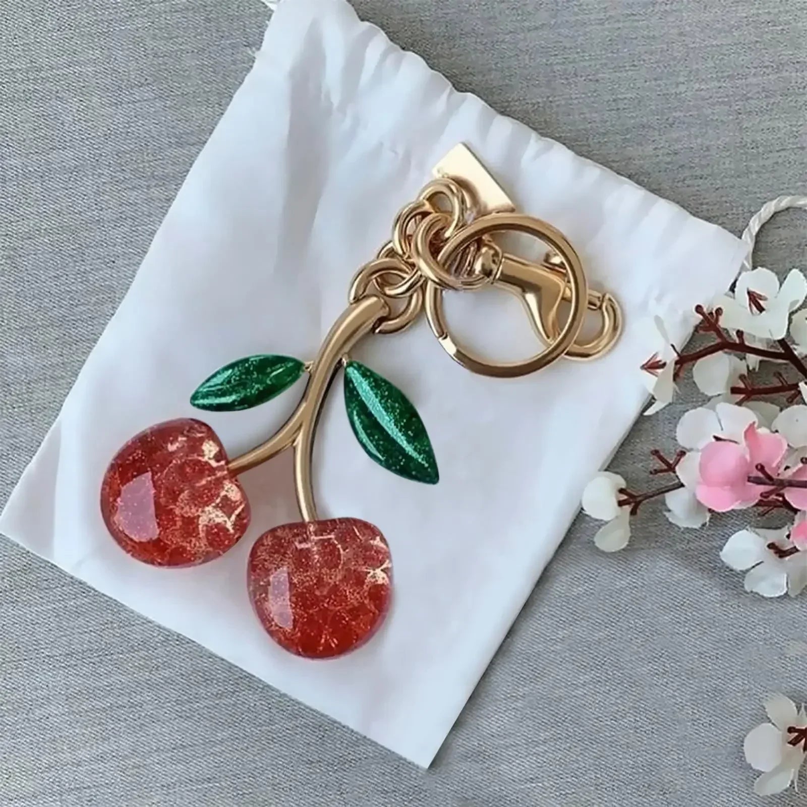 Cherry Bag Charm Cherry Keychain Charm Metal Accessory Sparkling Resin for Coach Purses and Bags, Red, Black, Pink