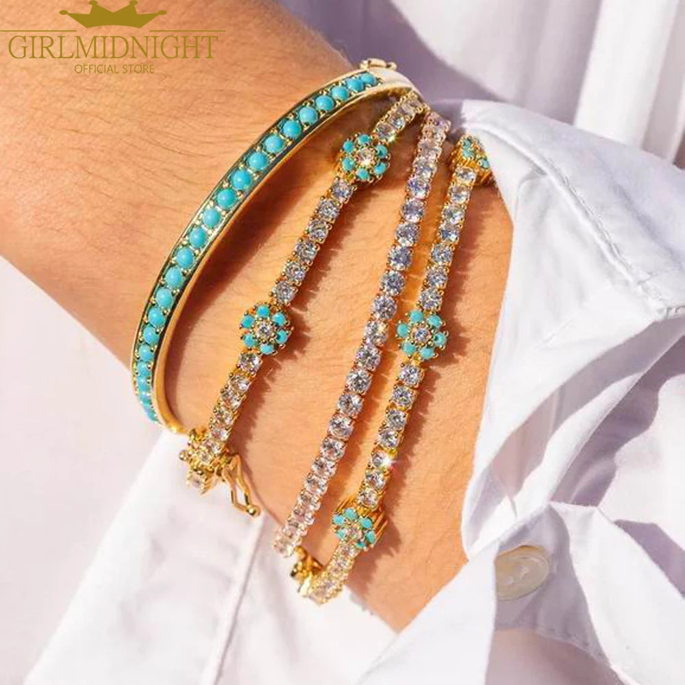 New Arrived Fashion Party Jewelry 3Mm Prong Set CZ Tennis Chain Rainbow Daisy Flower Charm Colorful Rainbow Bracelet