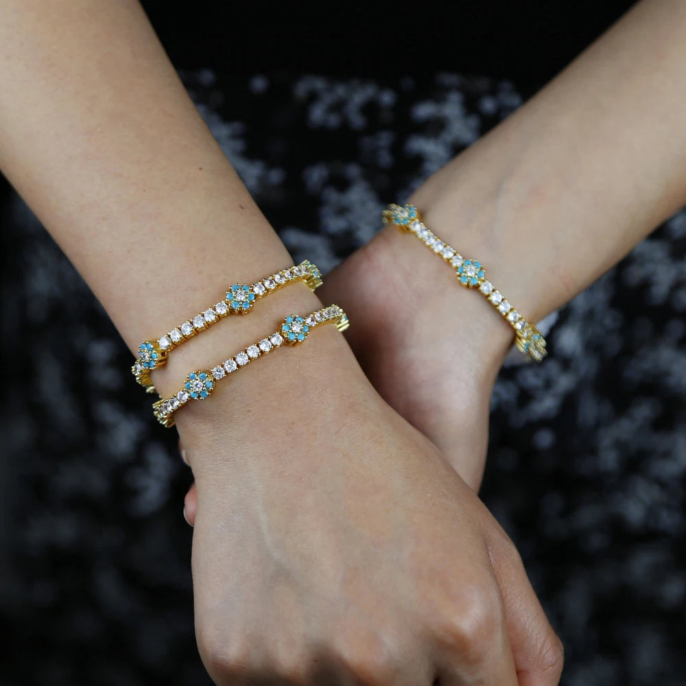 New Arrived Fashion Party Jewelry 3Mm Prong Set CZ Tennis Chain Rainbow Daisy Flower Charm Colorful Rainbow Bracelet