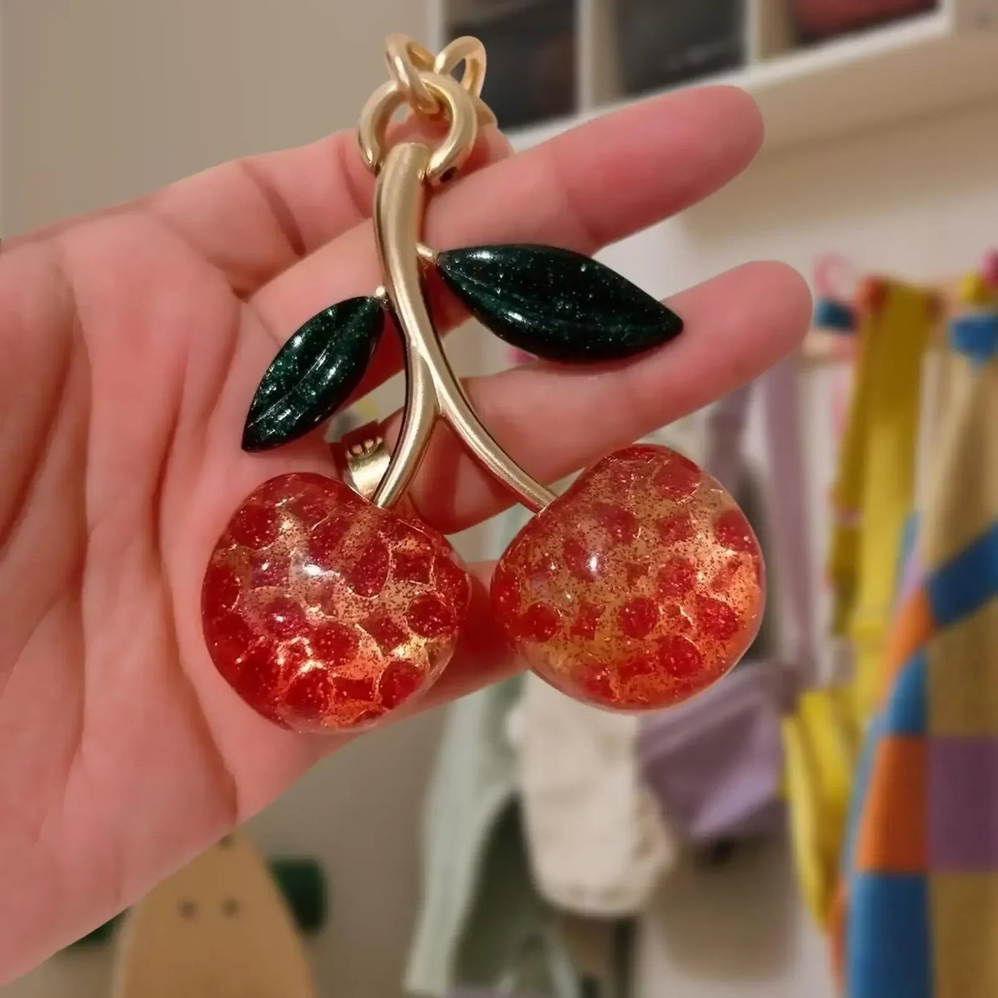 Cherry Bag Charm Cherry Keychain Charm Metal Accessory Sparkling Resin for Coach Purses and Bags, Red, Black, Pink