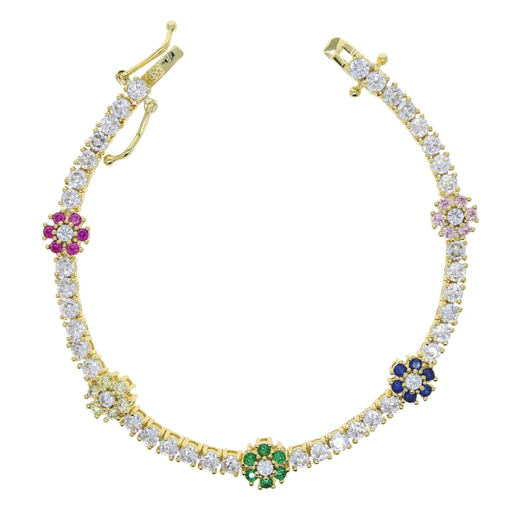 New Arrived Fashion Party Jewelry 3Mm Prong Set CZ Tennis Chain Rainbow Daisy Flower Charm Colorful Rainbow Bracelet