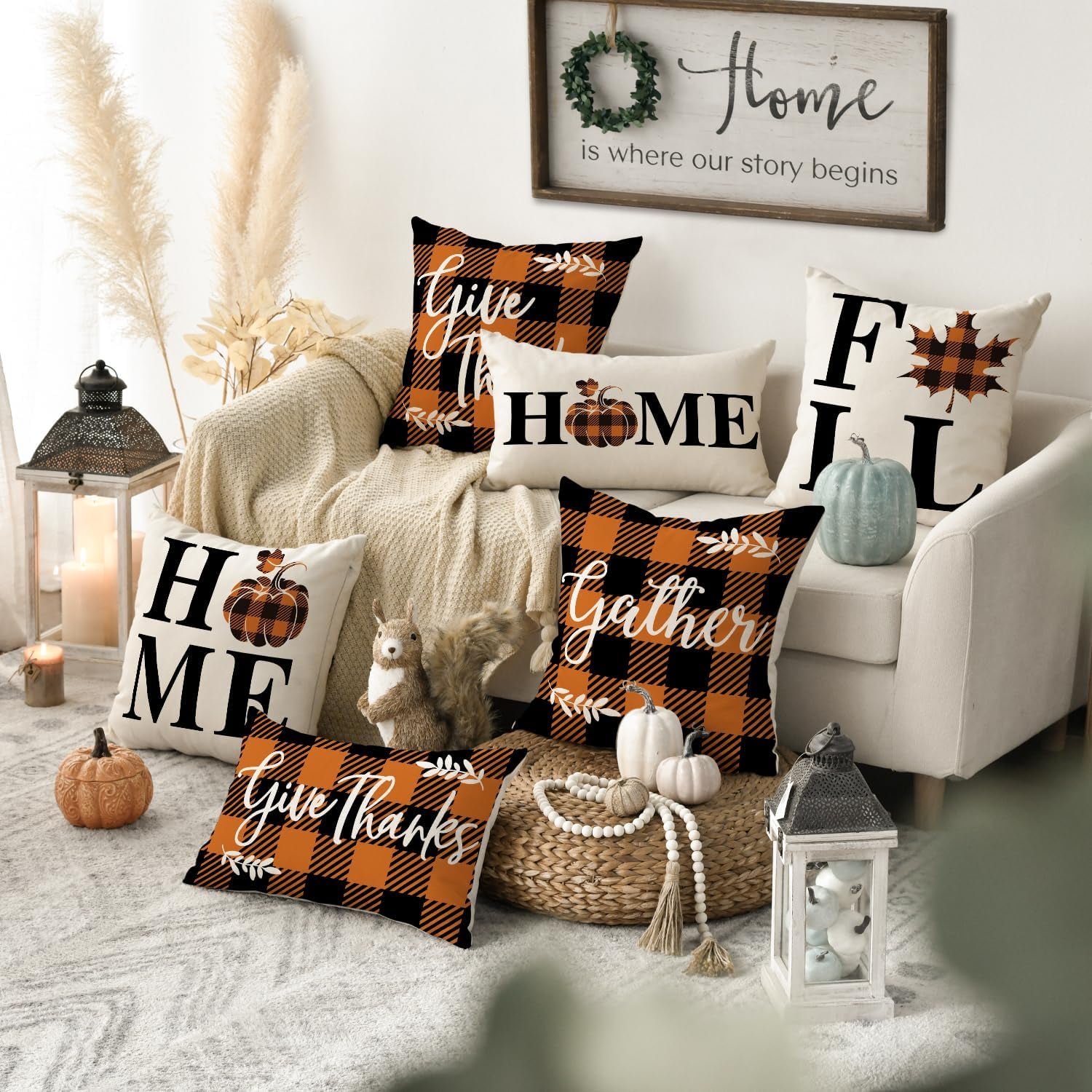 Home Fall Buffalo Check Plaid Pumpkin Maple Leaf Throw Pillow Cover, 18 X 18 Inch Autumn Give Thanks Gather Farmhouse Cushion Case for Sofa Couch Set of 4