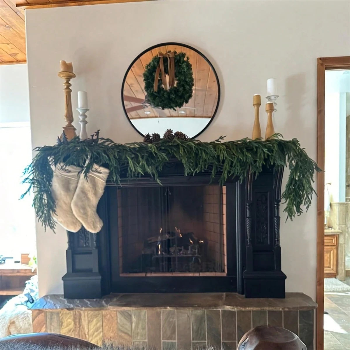 Christmas Norfolk Pine Garlands, Real Touch Fake Plants Artificial Greenery Garland for Table Wall Fireplace Home Decoration