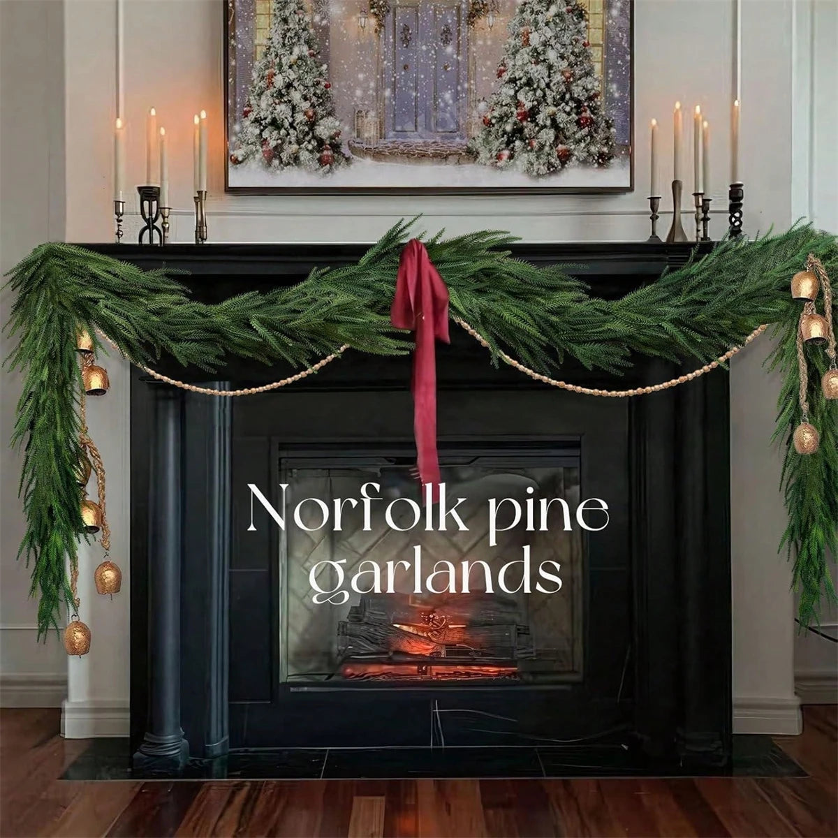 Christmas Norfolk Pine Garlands, Real Touch Fake Plants Artificial Greenery Garland for Table Wall Fireplace Home Decoration