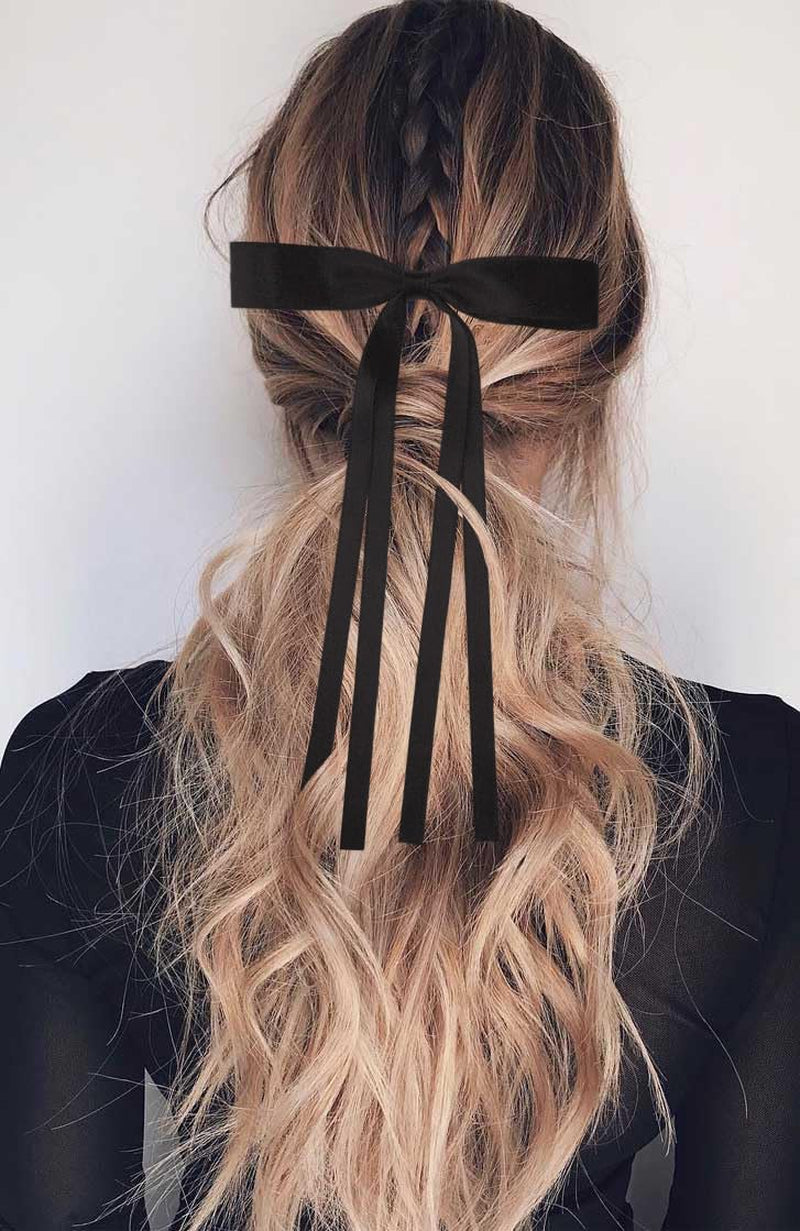 Hair Bows Clips for Women - 6Pcs White Black Beige Hair Ribbon Long Tassel with Hair Clips, Solid Satin Hair Accessories