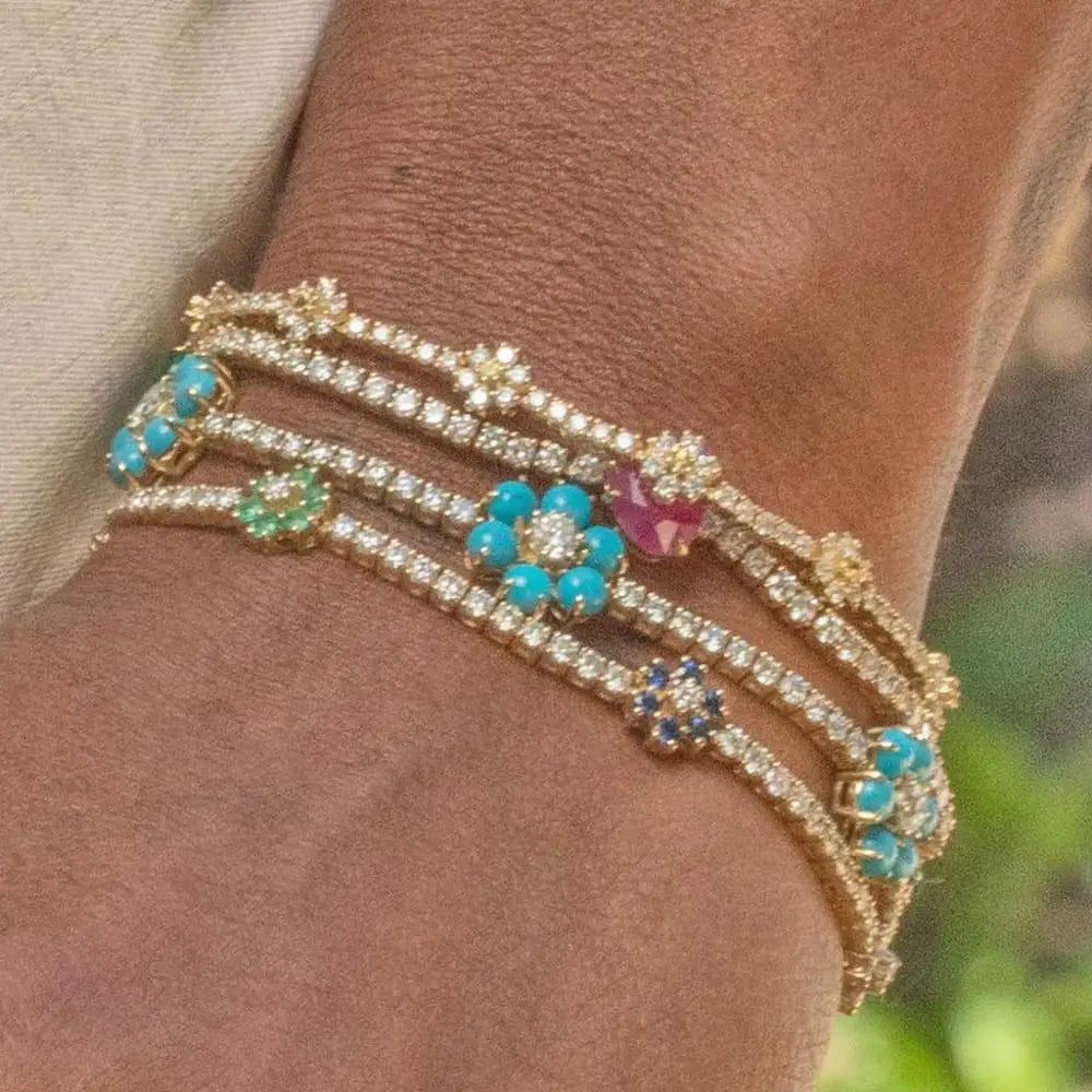 New Arrived Fashion Party Jewelry 3Mm Prong Set CZ Tennis Chain Rainbow Daisy Flower Charm Colorful Rainbow Bracelet
