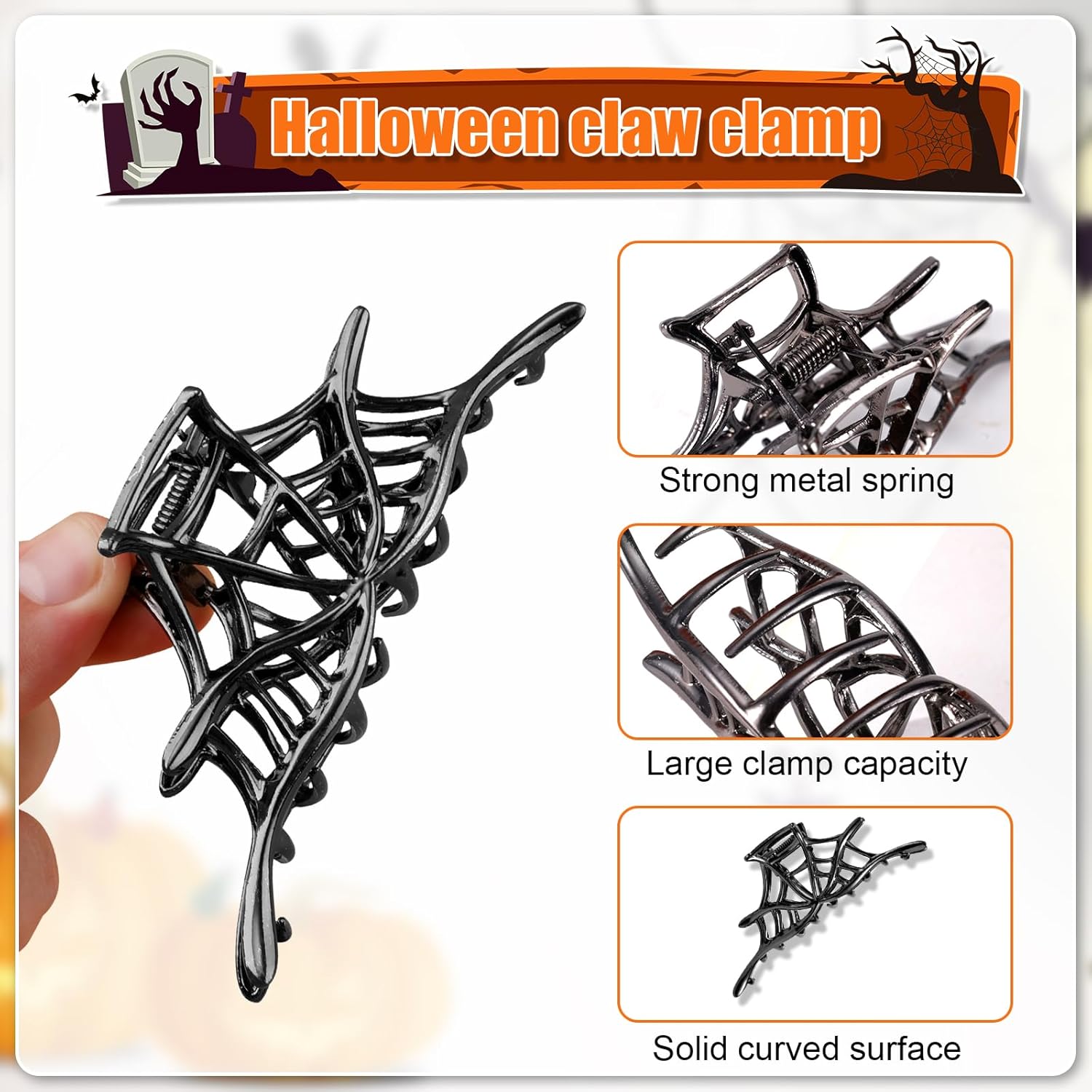 2Pcs Halloween Hair Clips, Black Skeleton Hand & Spider Web Hair Clips Gothic Hair Barrettes Hairpin Hair Accessories for Women Girls