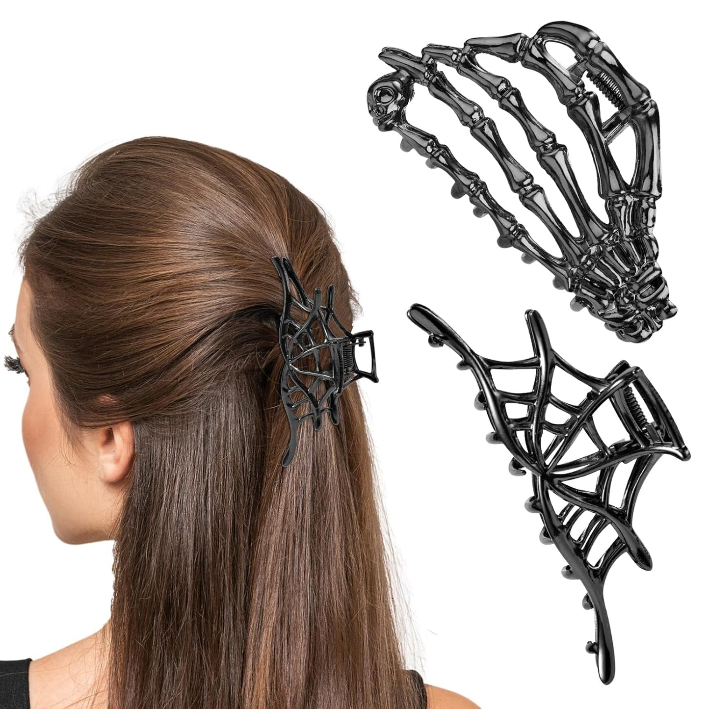 2Pcs Halloween Hair Clips, Black Skeleton Hand & Spider Web Hair Clips Gothic Hair Barrettes Hairpin Hair Accessories for Women Girls