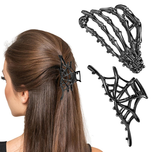 2Pcs Halloween Hair Clips, Black Skeleton Hand & Spider Web Hair Clips Gothic Hair Barrettes Hairpin Hair Accessories for Women Girls