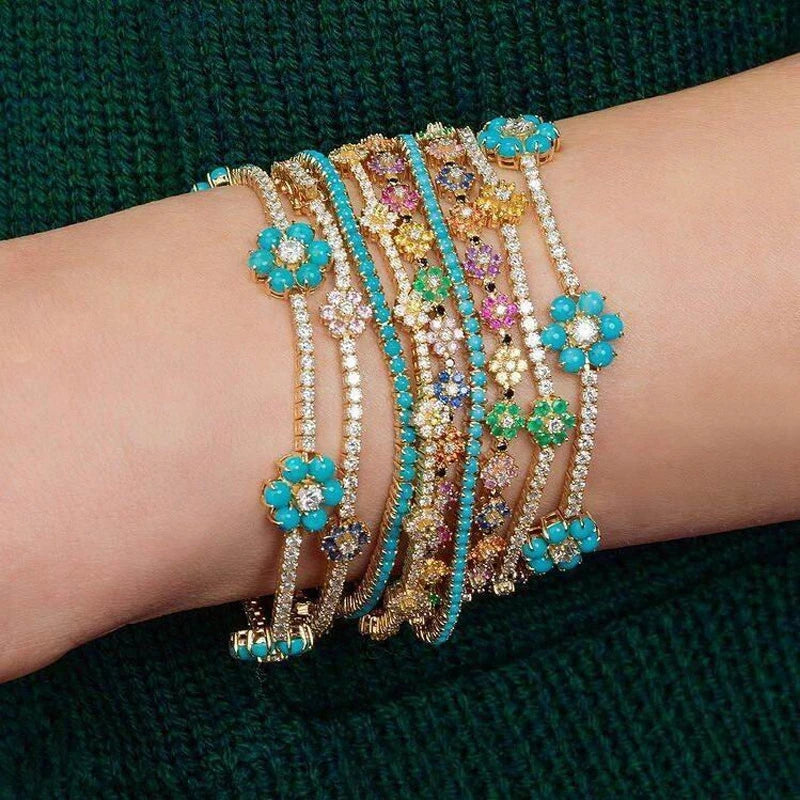New Arrived Fashion Party Jewelry 3Mm Prong Set CZ Tennis Chain Rainbow Daisy Flower Charm Colorful Rainbow Bracelet