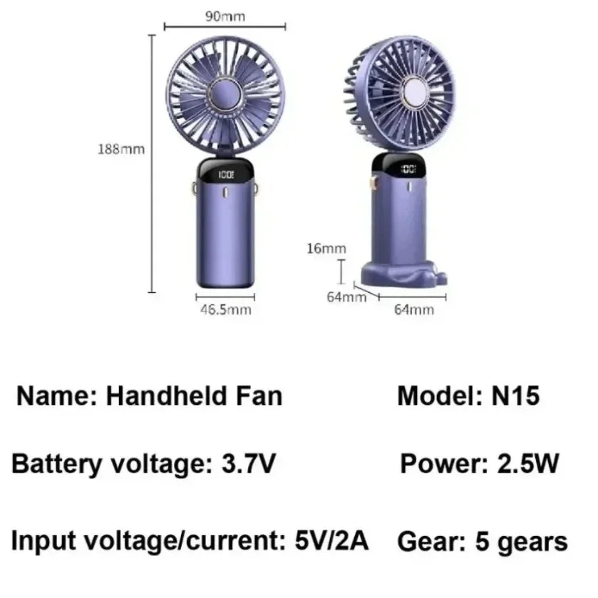 3000Mah 5 Speed USB Rechargeable Fan Handheld Mini Fan Foldable Portable Desk Outdoor Neck Hanging Phone Stand Fan