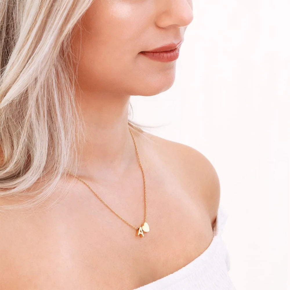 Emanco 6MM Heart Dainty Initial DIY Necklace Gold Color Letter Choker Necklace for Women Pendant Jewelry Gift