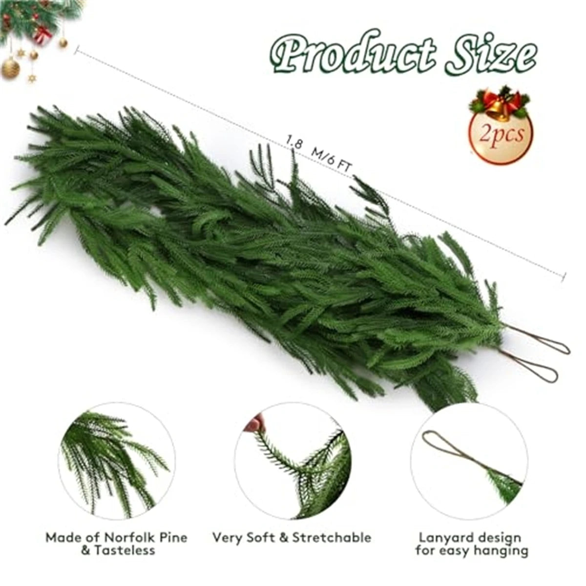 Christmas Norfolk Pine Garlands, Real Touch Fake Plants Artificial Greenery Garland for Table Wall Fireplace Home Decoration