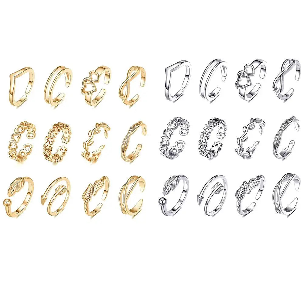 12Pcs Toe Rings Summer Fashion Foot Beach Rings Geometric Open Barefoot Finger Rings Cute Heart Feather Toe Rings Jewelry