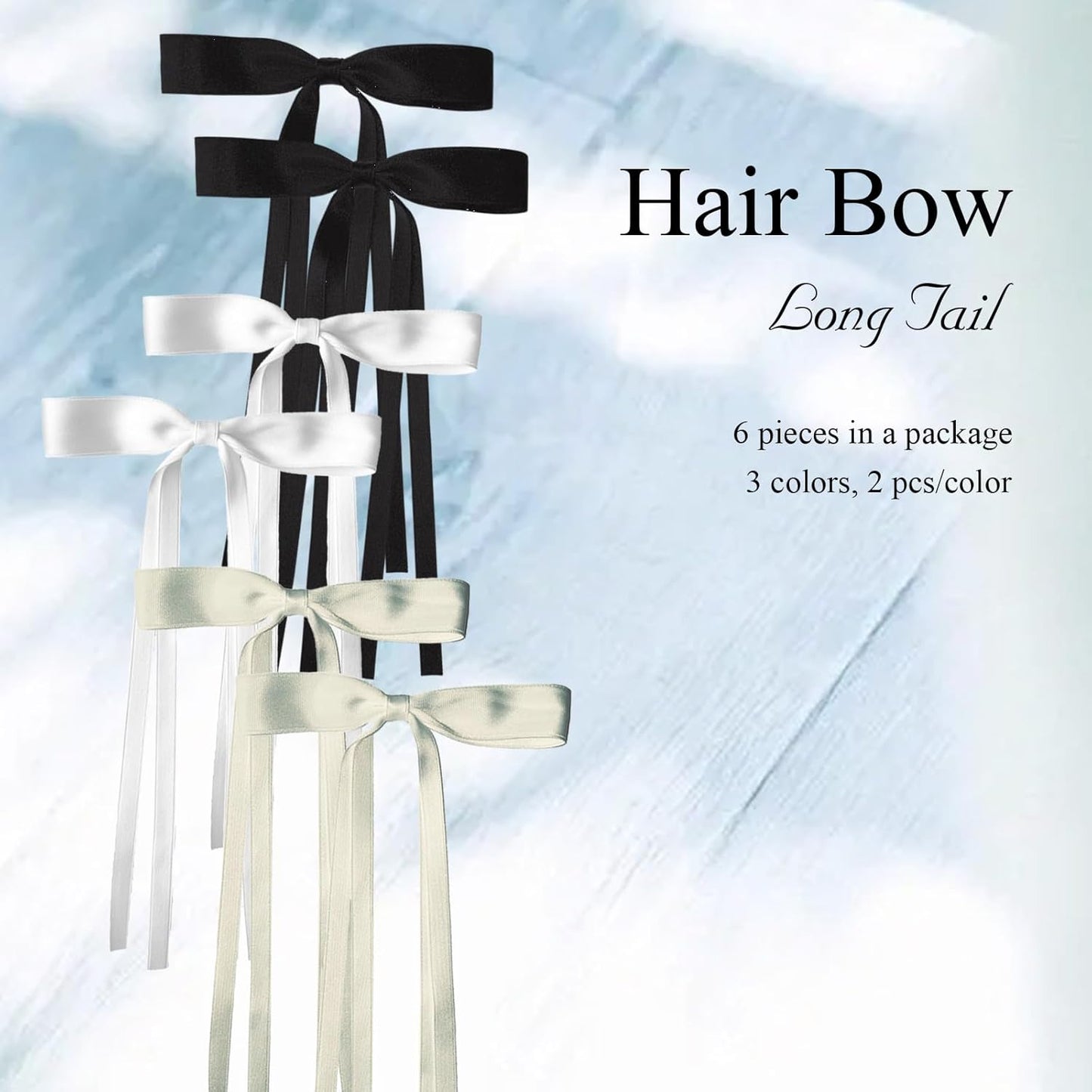 Hair Bows Clips for Women - 6Pcs White Black Beige Hair Ribbon Long Tassel with Hair Clips, Solid Satin Hair Accessories