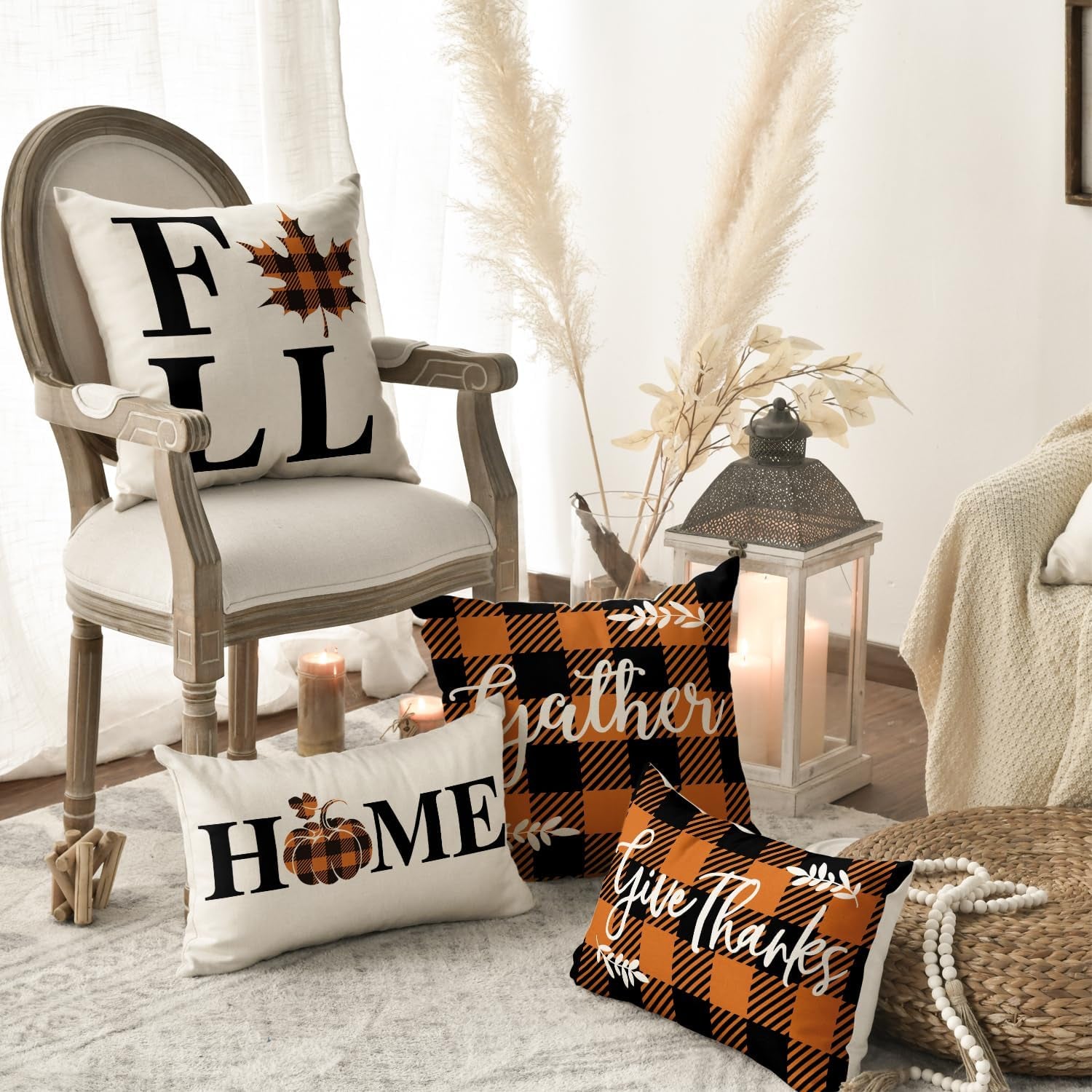 Home Fall Buffalo Check Plaid Pumpkin Maple Leaf Throw Pillow Cover, 18 X 18 Inch Autumn Give Thanks Gather Farmhouse Cushion Case for Sofa Couch Set of 4