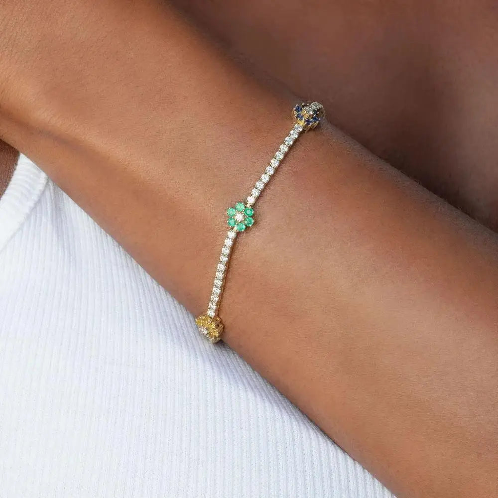 New Arrived Fashion Party Jewelry 3Mm Prong Set CZ Tennis Chain Rainbow Daisy Flower Charm Colorful Rainbow Bracelet