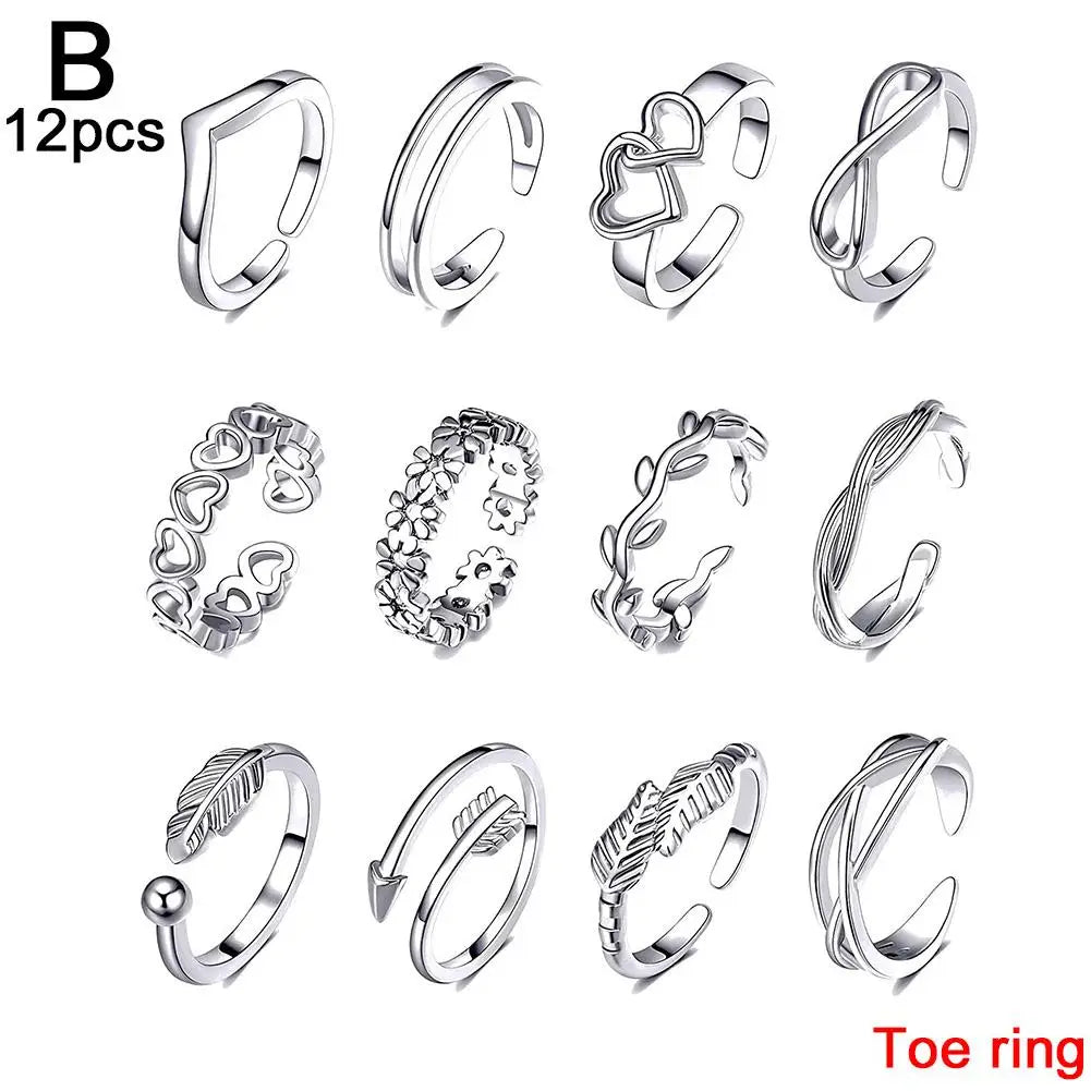 12Pcs Toe Rings Summer Fashion Foot Beach Rings Geometric Open Barefoot Finger Rings Cute Heart Feather Toe Rings Jewelry
