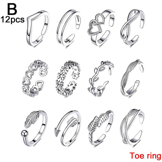 12Pcs Toe Rings Summer Fashion Foot Beach Rings Geometric Open Barefoot Finger Rings Cute Heart Feather Toe Rings Jewelry