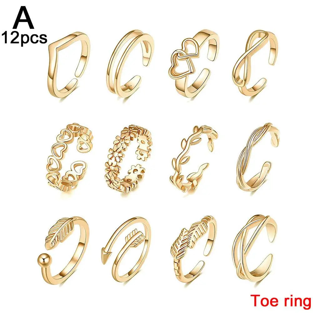 12Pcs Toe Rings Summer Fashion Foot Beach Rings Geometric Open Barefoot Finger Rings Cute Heart Feather Toe Rings Jewelry
