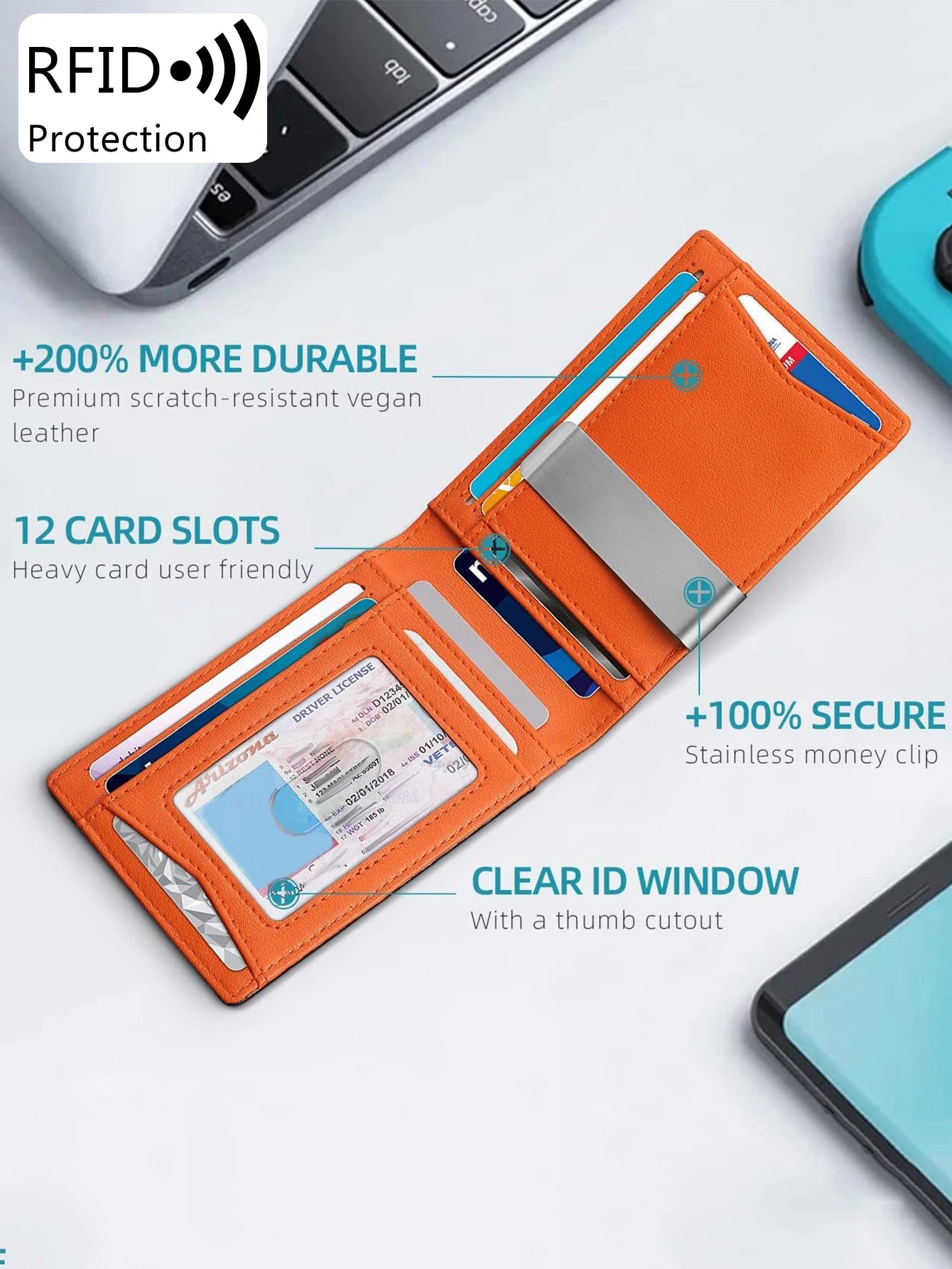Minimalist Men'S Wallet RFID Anti-Theft Brush Double Fold Cross Front Pocket Portable Card Holder 12 Card Multifunctional Wallet