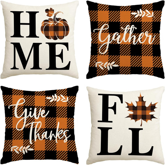Home Fall Buffalo Check Plaid Pumpkin Maple Leaf Throw Pillow Cover, 18 X 18 Inch Autumn Give Thanks Gather Farmhouse Cushion Case for Sofa Couch Set of 4