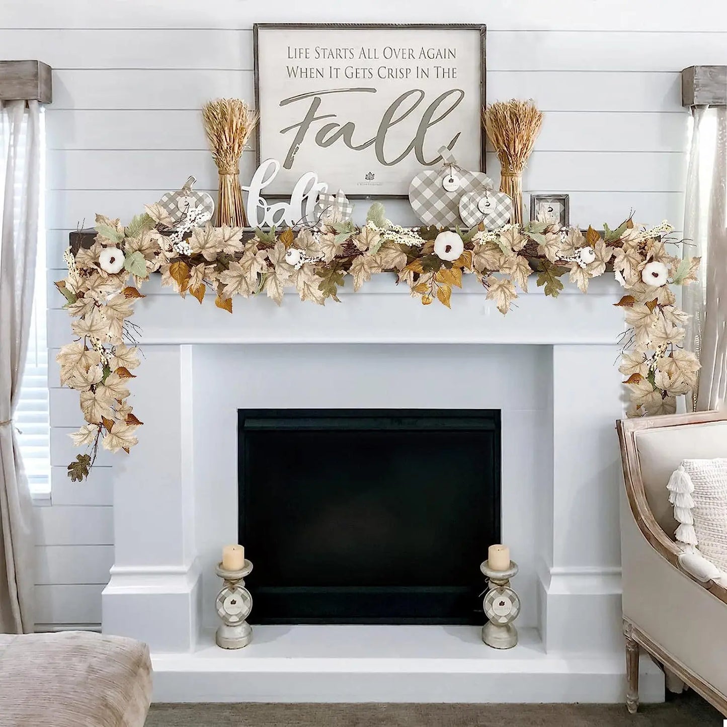 Fall Garland Autumn Maples Leaf Pumpkin Berry Garland Thanksgiving Halloween Fireplace Farmhouse Harvest Decorations for Home