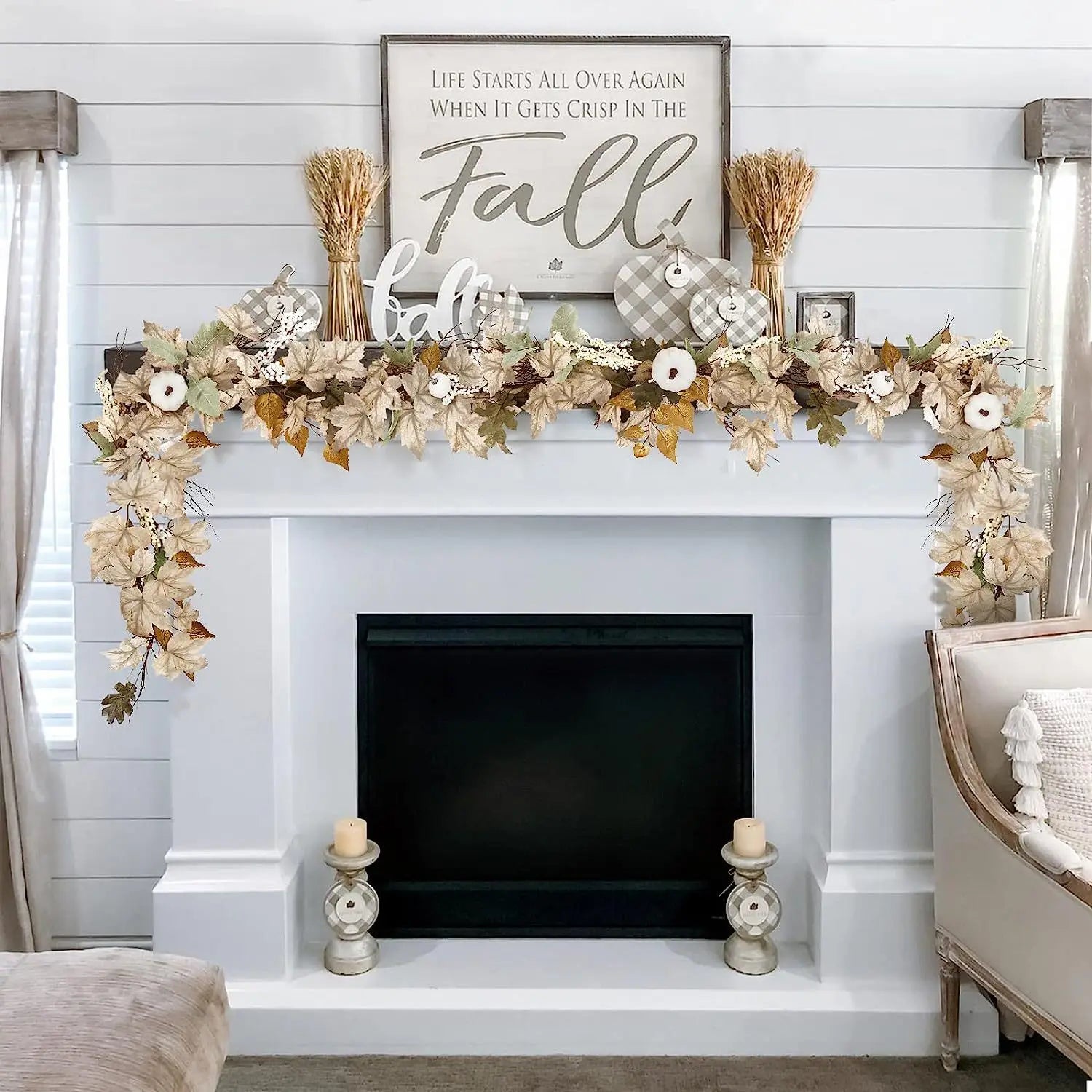 Fall Garland Autumn Maples Leaf Pumpkin Berry Garland Thanksgiving Halloween Fireplace Farmhouse Harvest Decorations for Home