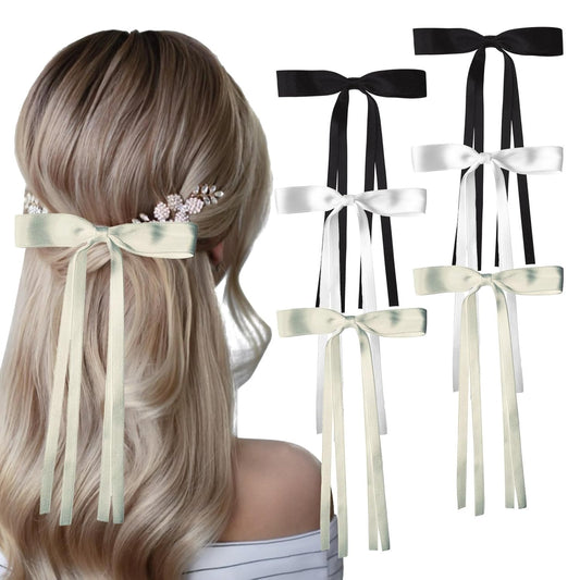 Hair Bows Clips for Women - 6Pcs White Black Beige Hair Ribbon Long Tassel with Hair Clips, Solid Satin Hair Accessories