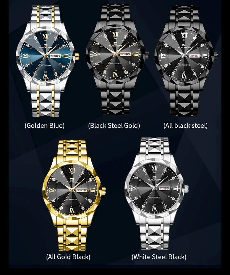 Men Watch Water Diamond Luxury Night Glow Double Calendar Quartz Movement 41Mm Blue Gold Stainless Steel Fashion Business Watch